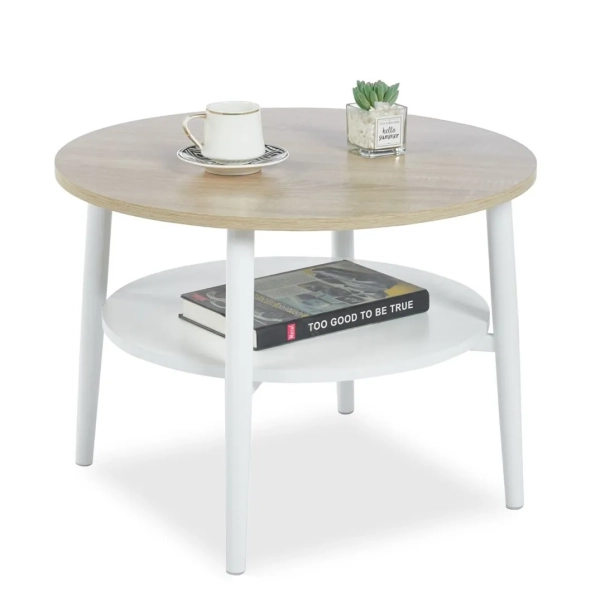 STYLOWY STOLIK OKRĄGŁY DO SALONU SAVA XL BLAT DĄB SONOMA NOGI BIAŁE - PRZÓD